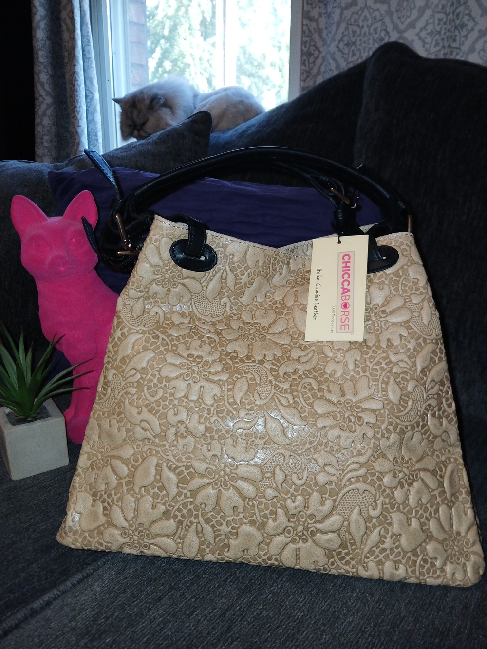 Chicca Borse Tote cream-colored Italian Genuine Leather Floral Embossed